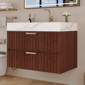 30" Modern Floating Bathroom Vanity with Seamless Sintered Stone Top & Ceramic Basin – 2 Soft-Close Drawers, Wall-Mounted