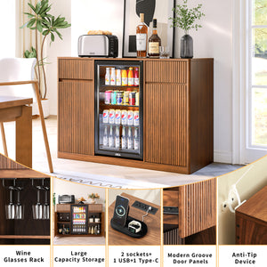 53.2" Fluted Buffet Wine Cabinet with Mini Fridge Nook