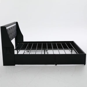 Wingback Upholstered Bed Frame With LED Lights, Charging Station