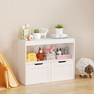 Book Organizer With Large Drawers And Open Shelves, Toy Storage Cabinet With Removable Wheels And Rounded Edges - White