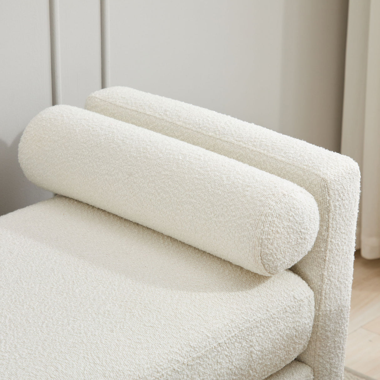Elegant Upholstered Bench, Daybed, Ottoman With Wood Legs & Bolster Pillows - Ivory Boucle