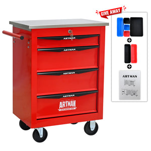 4 Drawers Multifunctional Tool Cart with Wheels, Red & Black