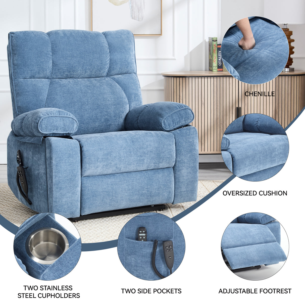 Blue Heat Massage Dual Motor Lift Recliner Chair