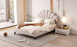 Upholstered Platform Bed With Flower Pattern Headboard