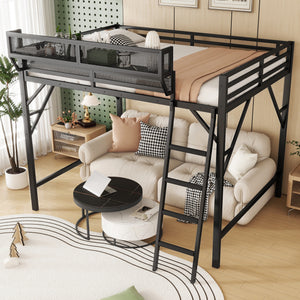 Full Size Loft Bed with Ladder and Storage Shelves
