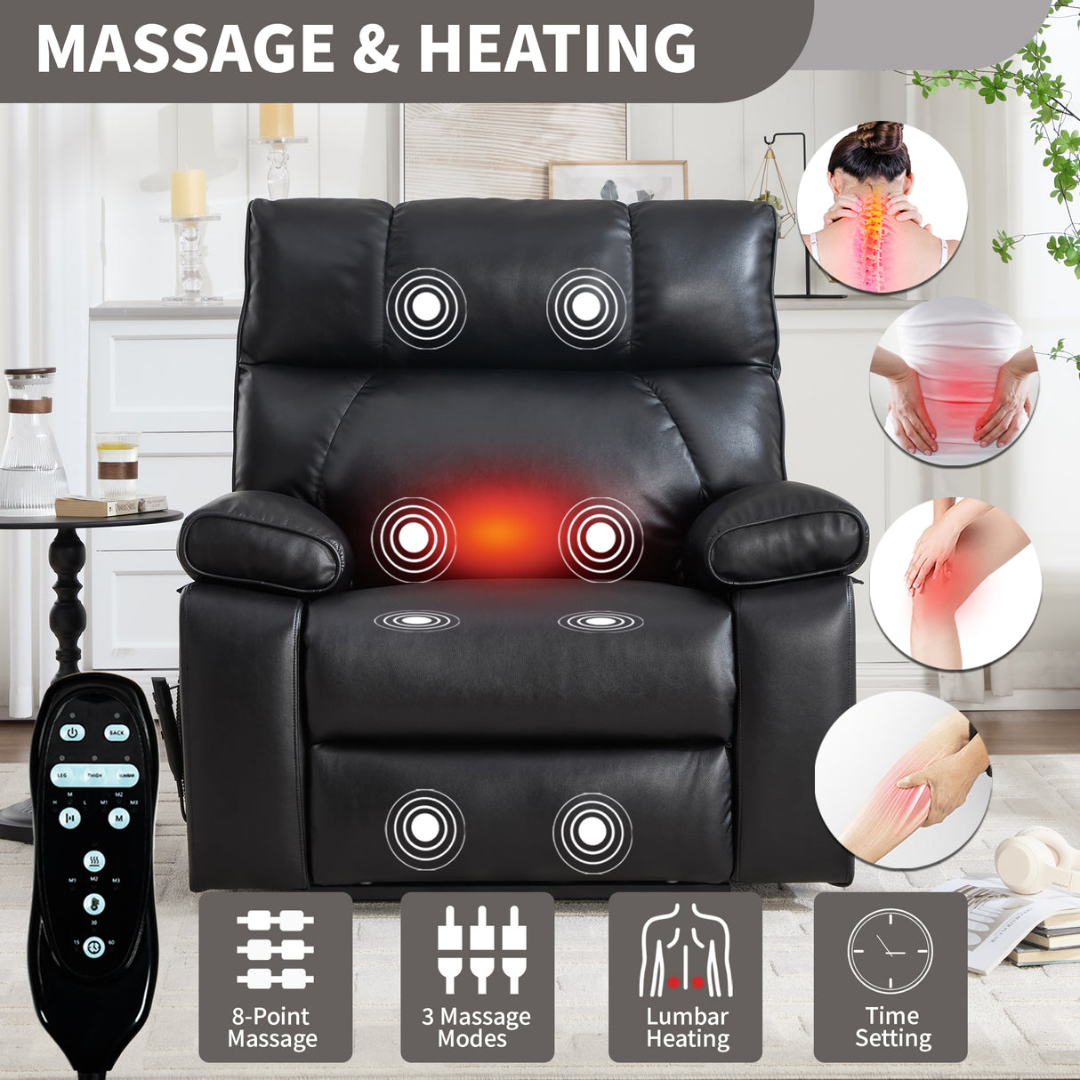 Black Leatheraire Heat Massage Recliner