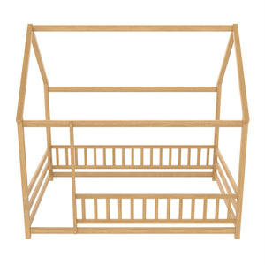Full Size Floor Wooden Bed with House Roof Frame