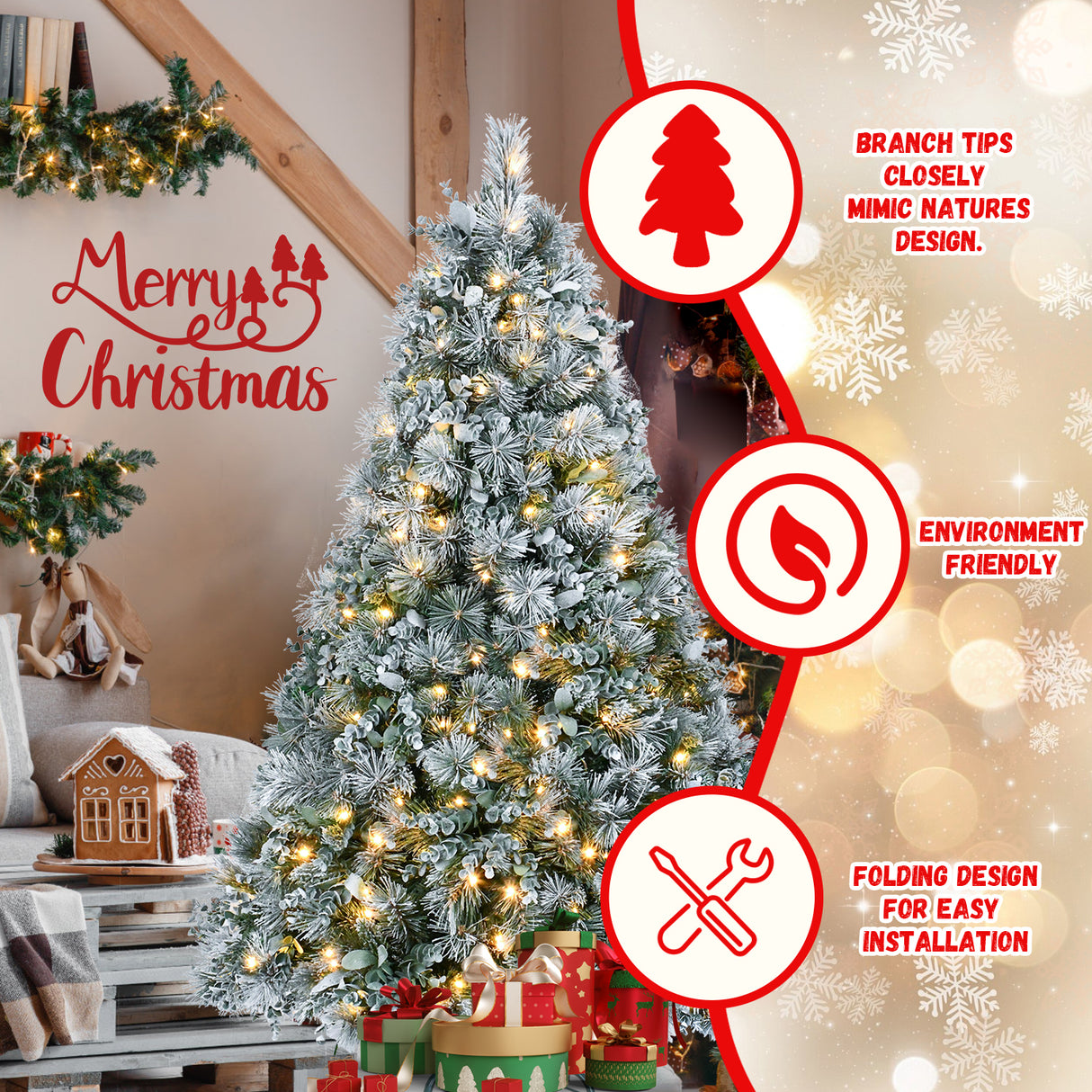 4FT Prelit Flocked Christmas Tree With Pine Needles & Eucalyptus Leaves