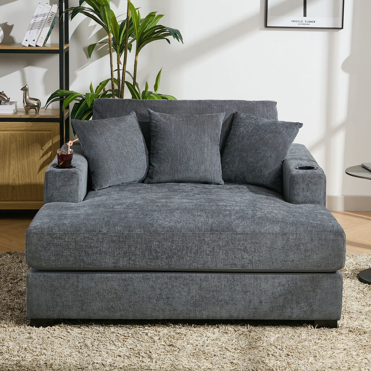 Oversized Chaise Lounger Modern Style Sofa Couch With Pillows, Charge Station & Cup Holders