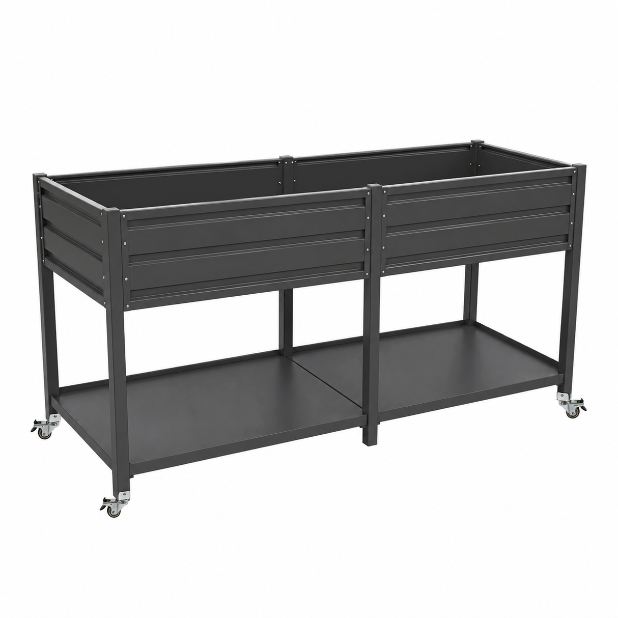 Dual Tier Elevated Metal Raised Garden Bed with Lockable Wheels & Lower Storage Shelf