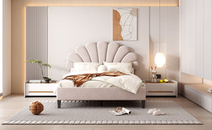 Upholstered Platform Bed With Flower Pattern Headboard