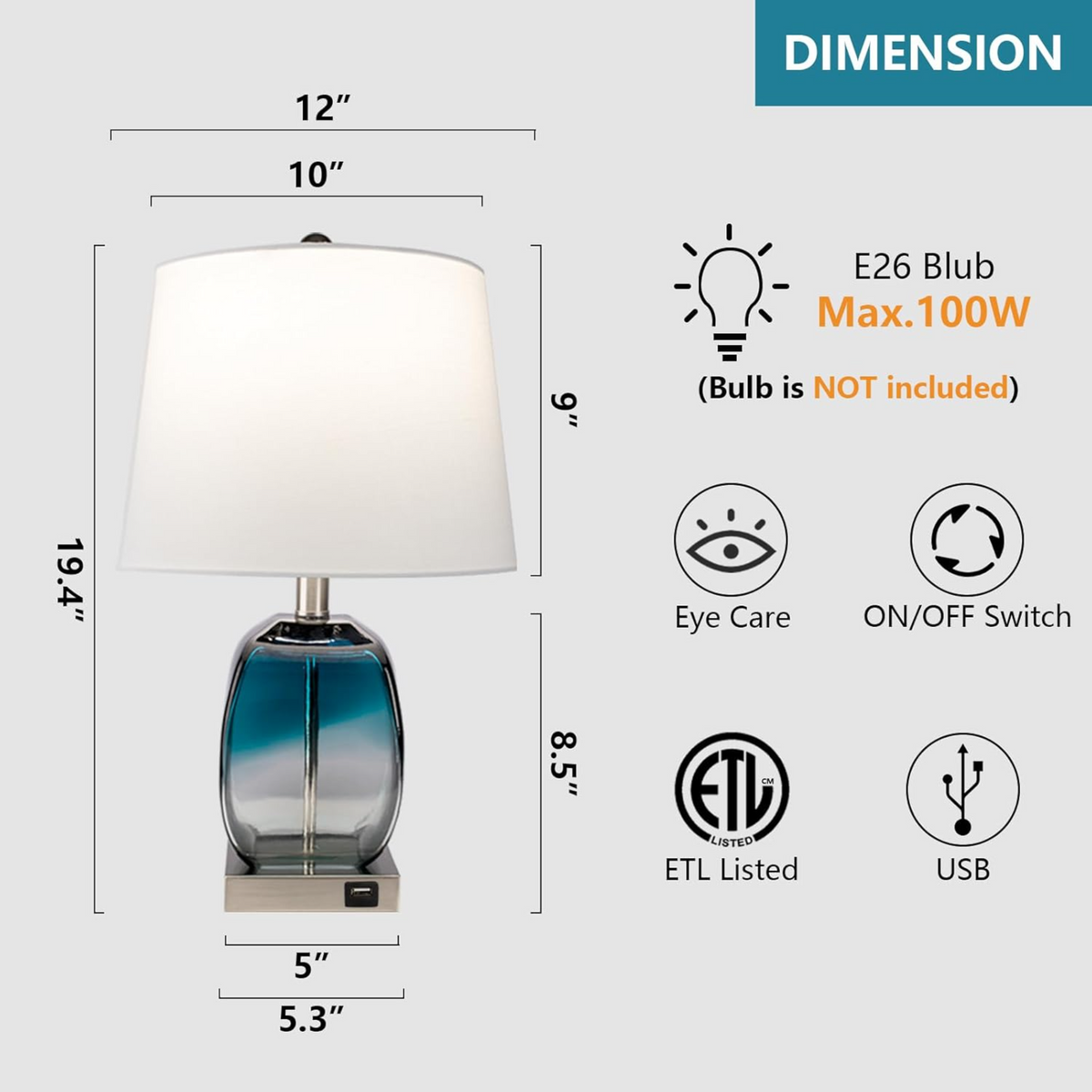 Coastal Glass Table Lamp 20.5-Inch 3-Way Dimmable with USB, Set of 2, Blue