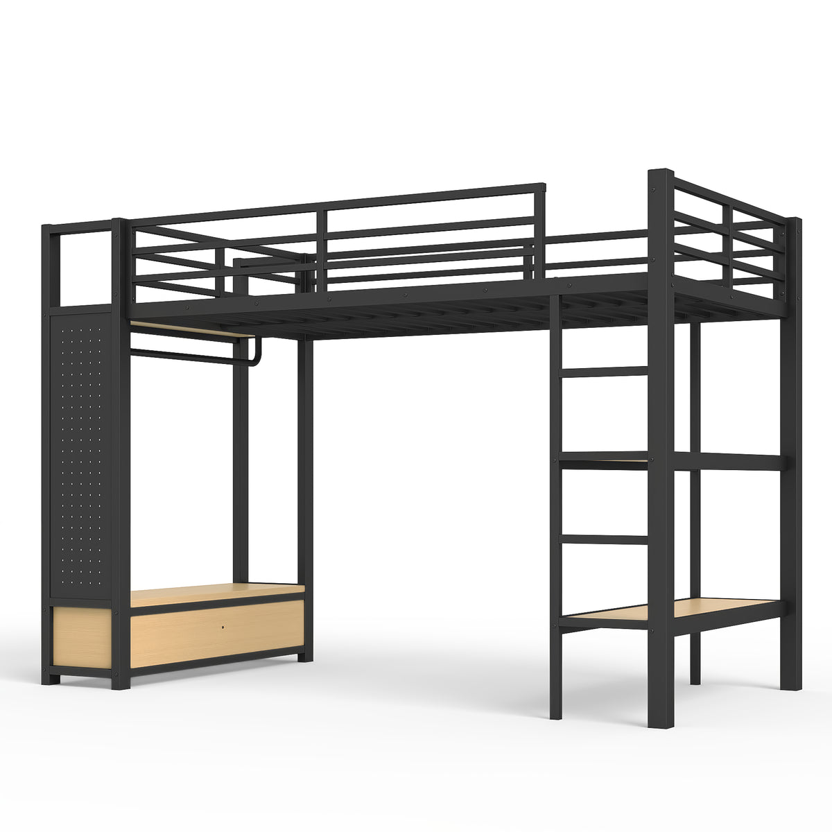 Twin XL Size Loft Bed Frame with Wardrobe and Shelves