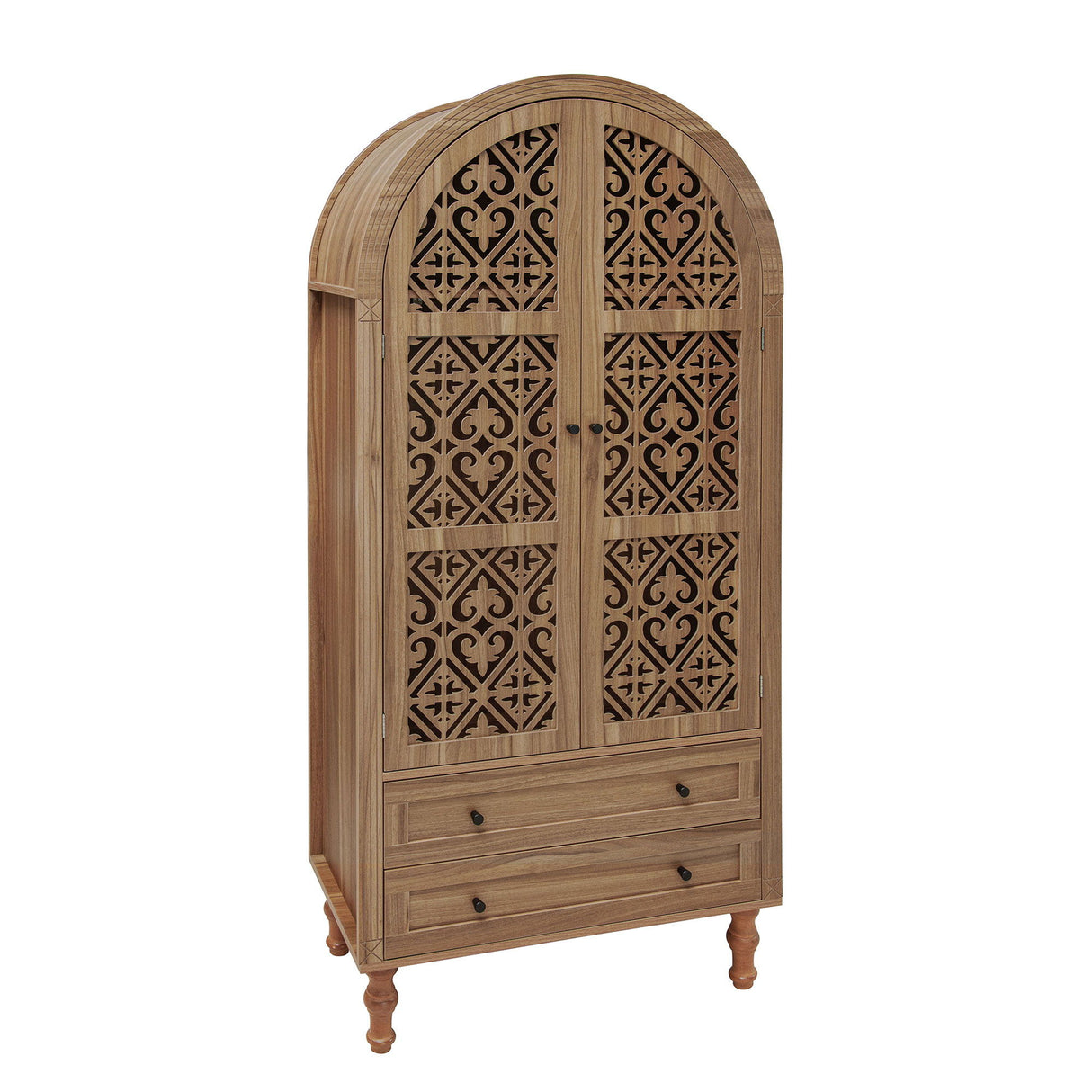 Tall Kitchen Pantry Cabinet With Hollow Carved Doors 2 Drawers And Adjustable Shelves Storage Display Cabinet For Kitchen Dining Room Or Living Room - Walnut