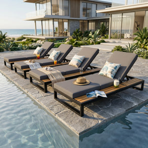 Black Iron & Teak Finish Chaise Lounge Set