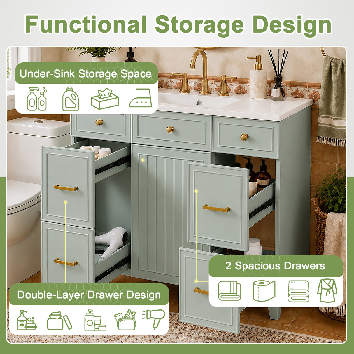 36" Green Bathroom Vanity with Ceramic Sink