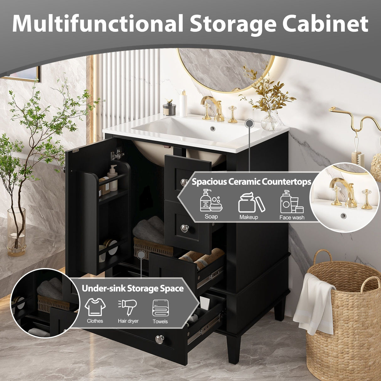 Bathroom Vanity With Integrated Basin, Soft Close Drawers, Door Mounted Double Layer Shelf
