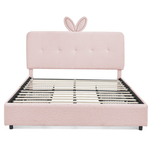 Upholstered Bed With Oversized Rabbit Ear Headboard, LED Lights & 4 Storage Drawers