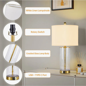 Modern Glam Glass and Metal Table Lamp Set, 23.25-Inch, Gold, USB Charging