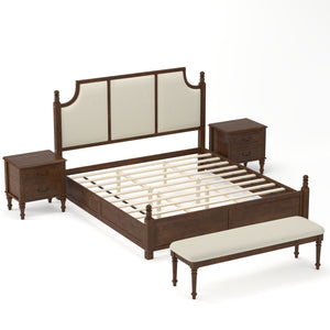 4-Piece King Bedroom Set with Fluted Bed, 2 Nightstands, Bench, Walnut