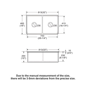 32" Undermount Double Bowl Kitchen Sink Rectangular Deep Dual Bas With Grids - White