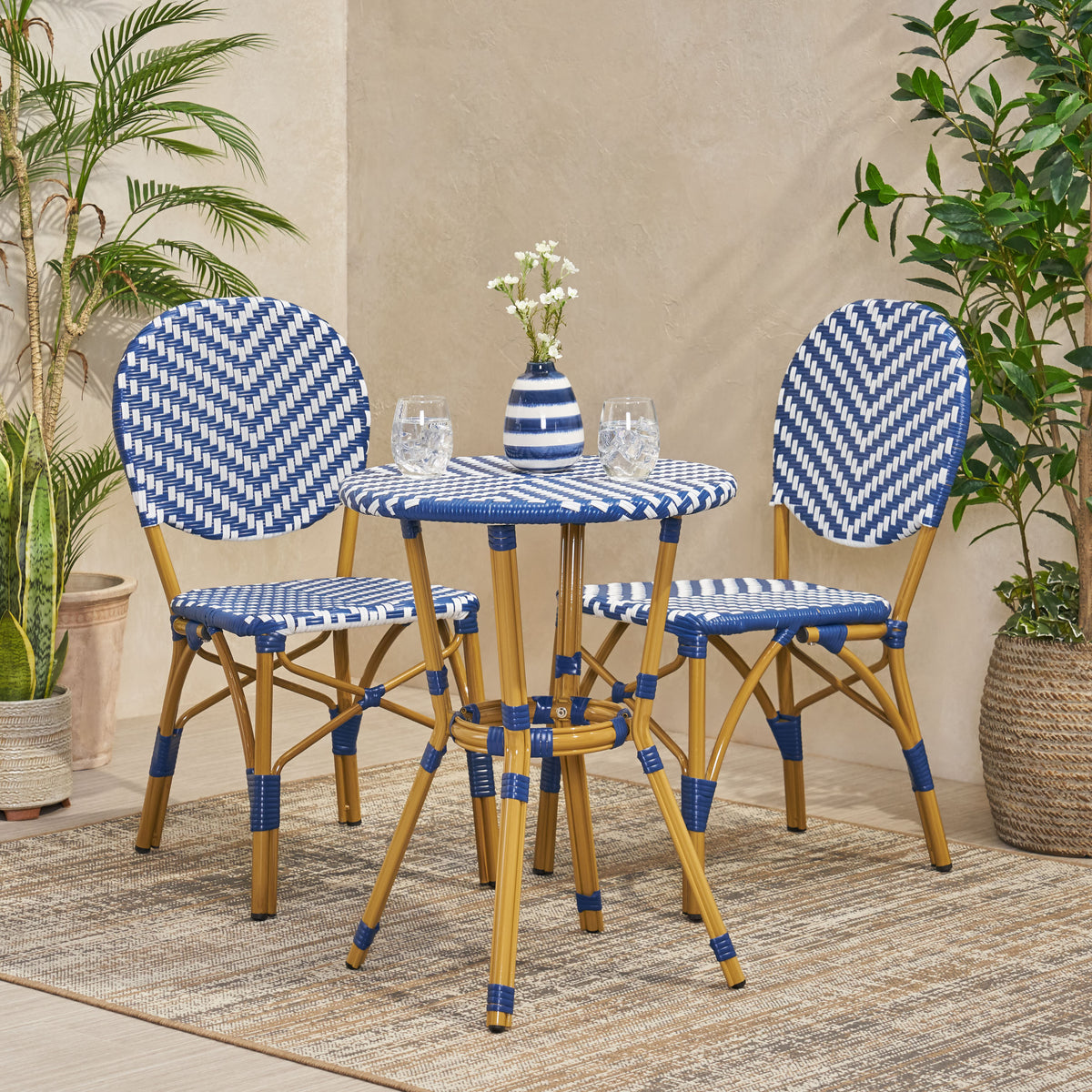 Outdoor Aluminum 3 Piece French Bistro Set with Durable Wicker - Bamboo Print Finish