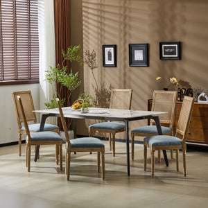 French Country Dining Chair With Rectangular Cane Backrest And Smooth Upholstered Seating