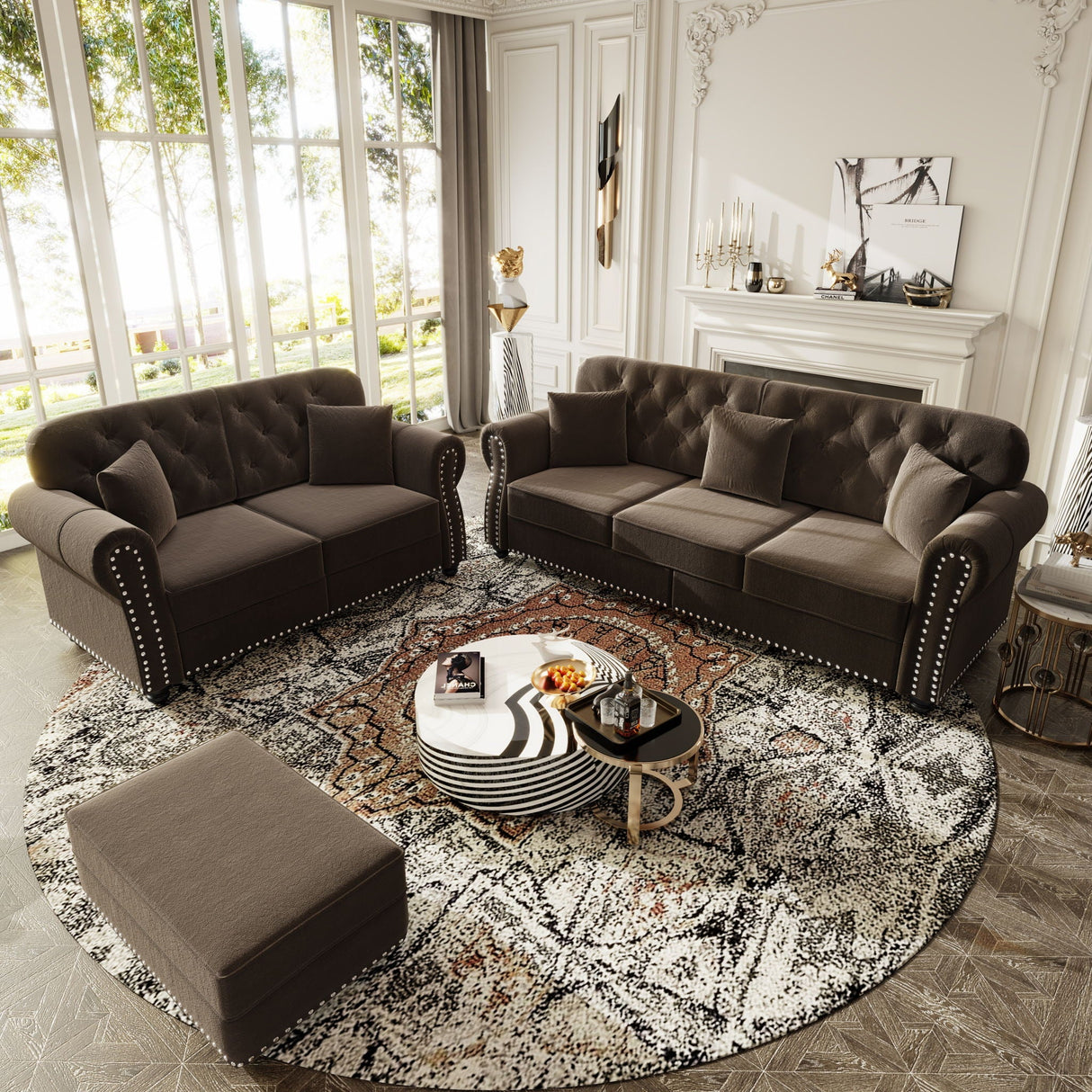 Upholstered Sofa Set With Nailhead Trim And Rolled Armrests, Includes Pillows