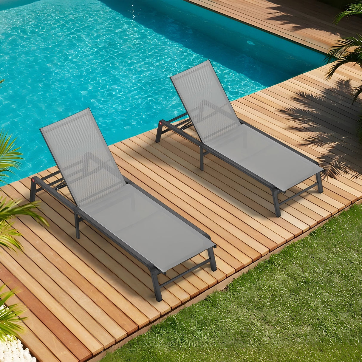 Assemble-Free Aluminum Outdoor Chaise Lounge Set of 2