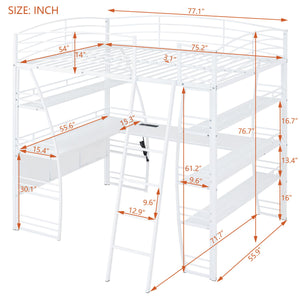 Loft Bed With 4 Layers Of Shelves And L-Shaped Desk, Stylish Metal Frame Bed With A Set Of Sockets, USB Ports And And Wireless Charging