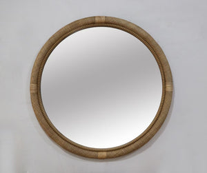 31.9" Woven Rattan Decorative Round Mirror with Wrapped Accents