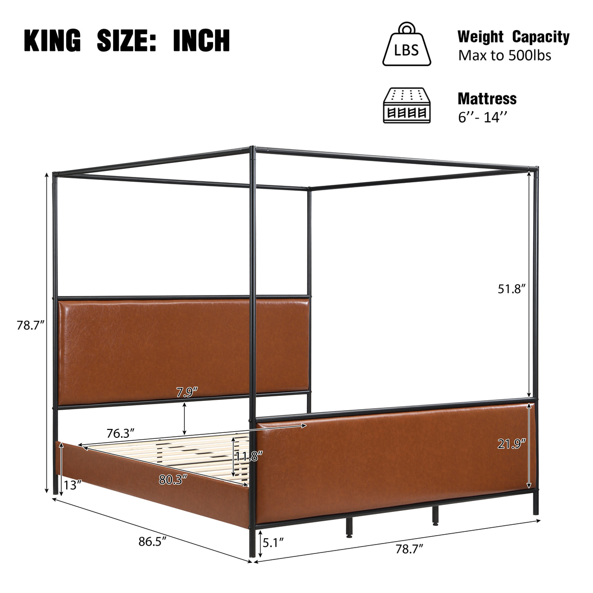King Size Canopy Bed Frame With PU Upholstered Headboard