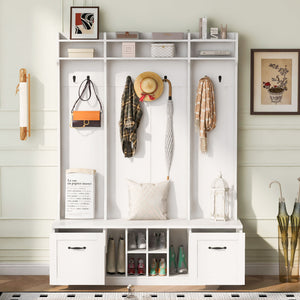 5 In 1 Entryway Bench With Coat Rack, 7 Sturdy Hooks, 2 Spacious Drawers And Adjustable Shelves
