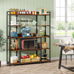 Baker's Rack With Hutch, 5 Tier Kitchen Storage Shelf, Freestanding Utility Pantry Organizer With Hooks And Microwave Stand - Black