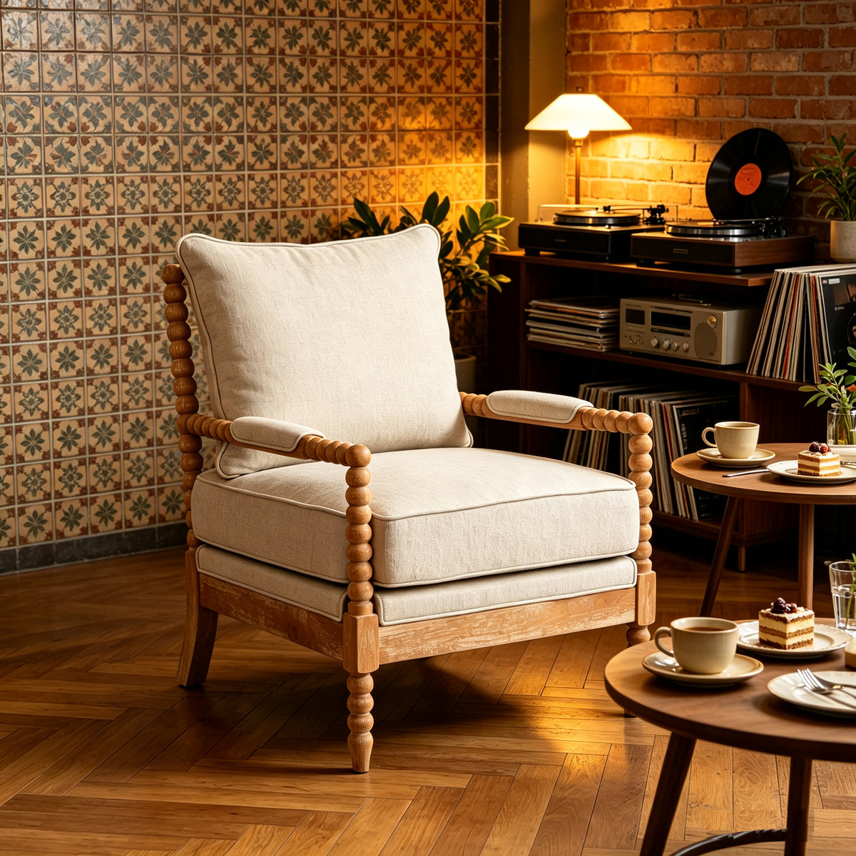 Rubber Wood Accent Chair with High-Density Sponge Cushion