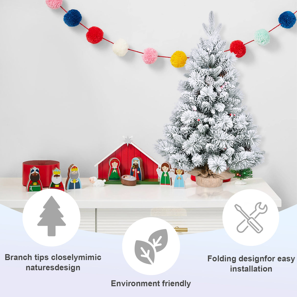 3FT Flocked Christmas Tree with PE/PVC & Pine Needle Branches