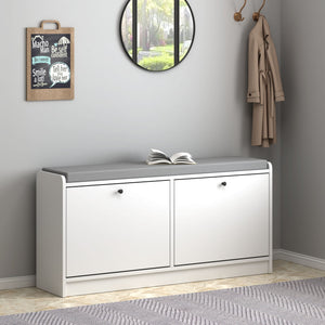 Shoe Storage Bench With Cushion, Entryway Organizer Cabinet For Hallway - White