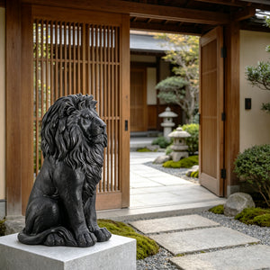 Elegant Sitting Lion Statue with Matte Black Finish - 20.67 Inches