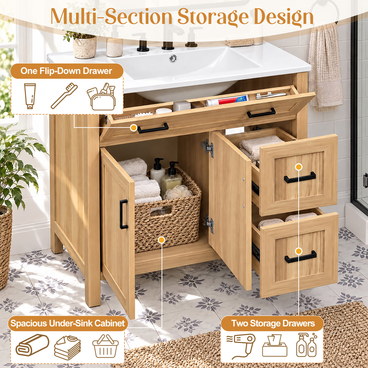 36-Inch Bathroom Vanity with Ceramic Sink, Soft-Close Doors and Drawers