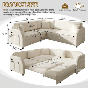 L-Shaped Couch With Pull-Out Bed, Oversize Convertible Sleeper Sofa With Side Pocket & USB Port