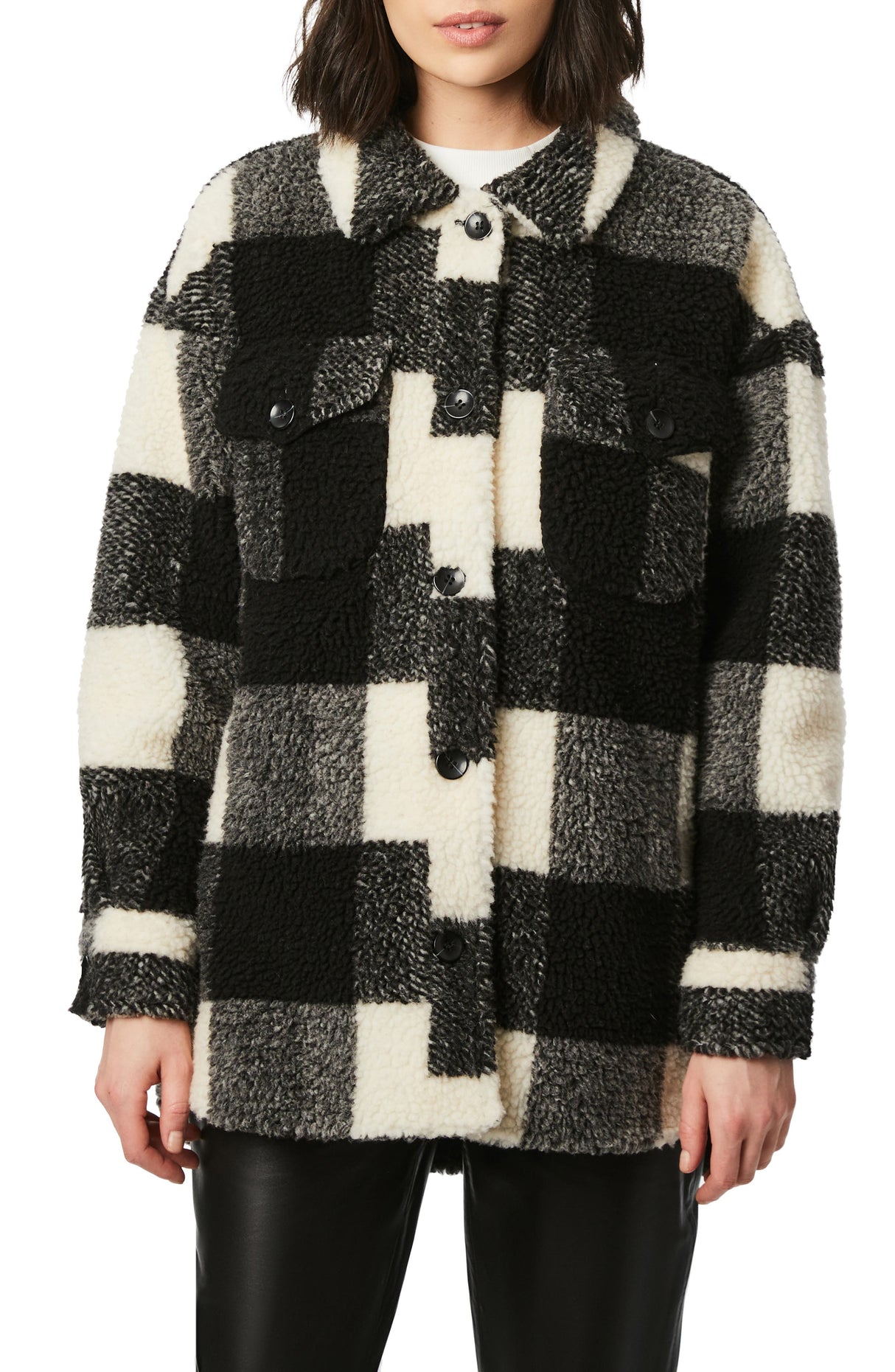 Bernardo Plaid Fleece Shirt Jacket in Black/White, Size Small