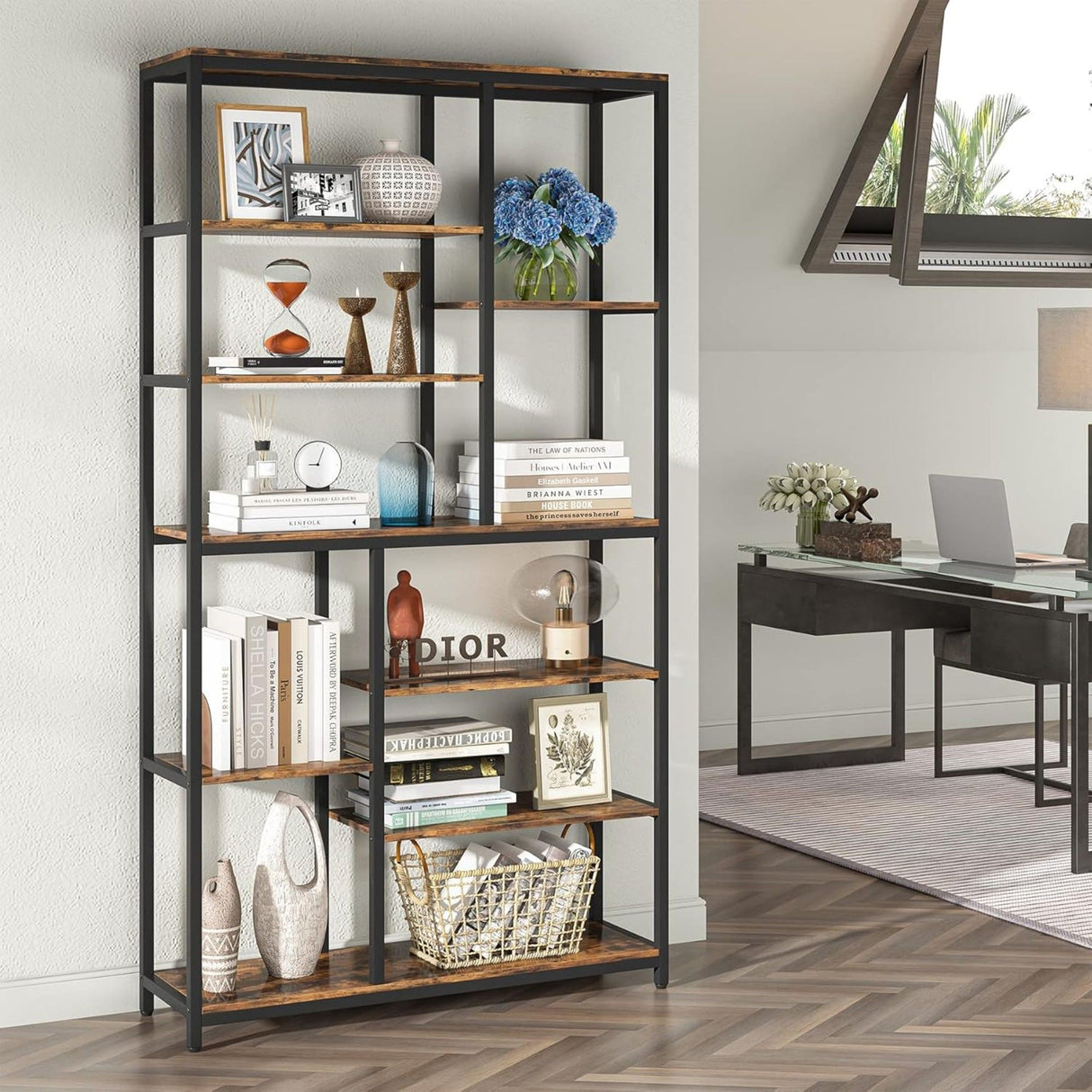 Extra Tall 8 Tier Staggered Etagere Bookcase With 8 Shelves Organizer For Living Room - Rustic Brown