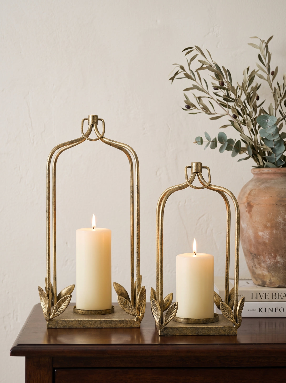 Set of 2 Luxe Distressed Golden Arched Iron Lantern