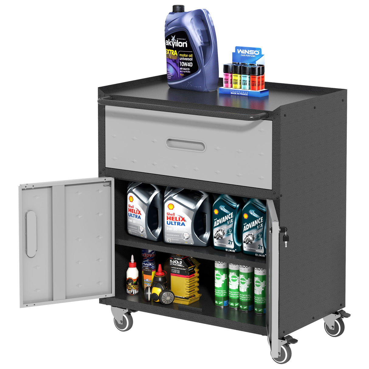 Sturdy And Durable Metal Tool Cabinet For Garage With Wheels Mobile Heavy Duty Storage Cabinet With 1 Drawer And 2 Locking Doors