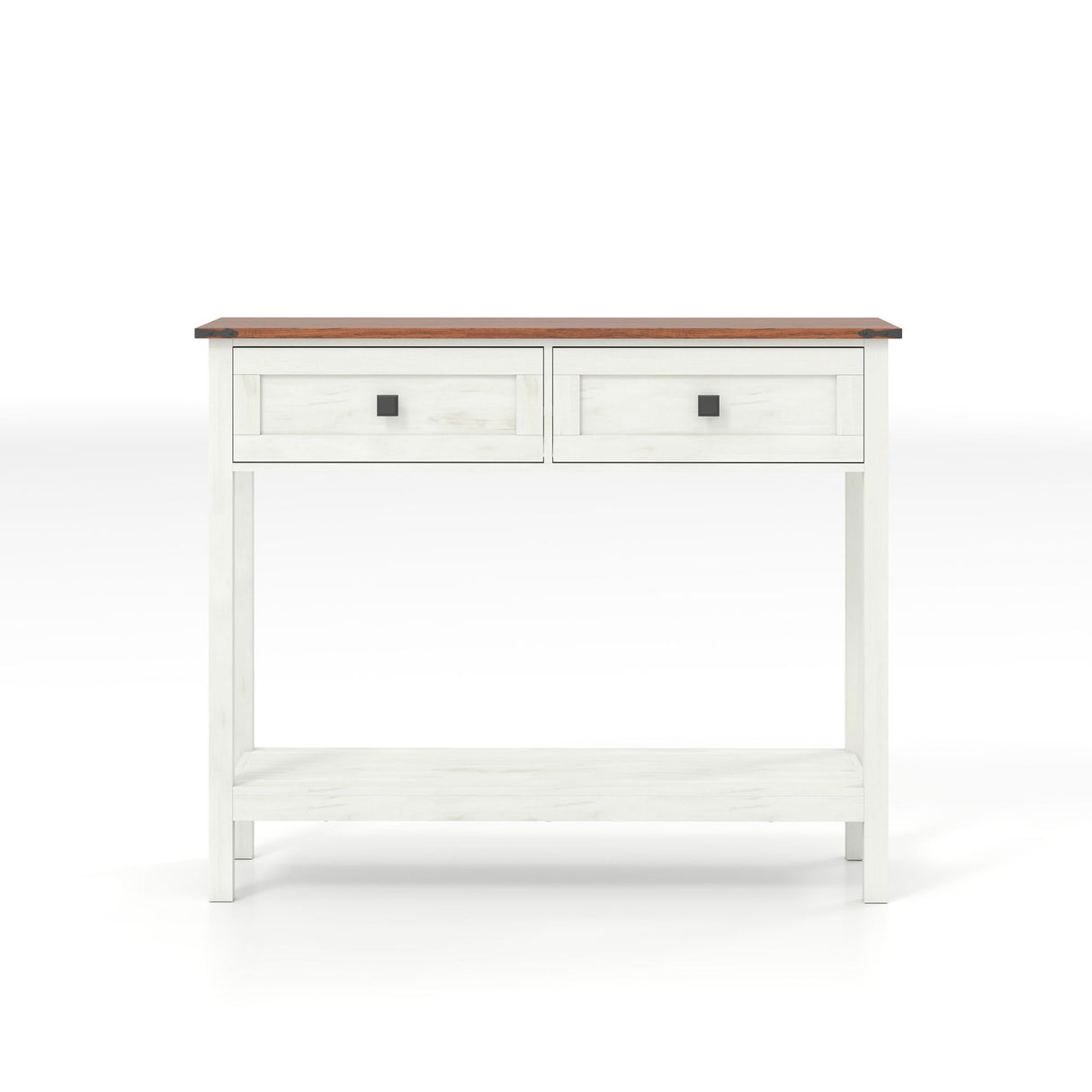 Farmhouse Style Console Table With 2 Drawers And Bottom Storage Shelf