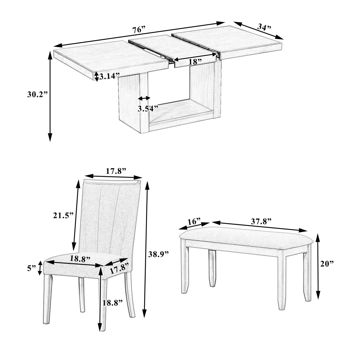 TOPMAX Contemporary 6-Piece Extendable Pedestal Dining Table Set