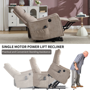 Khaki Chenille Power Lift Recliner Chair with Massage and Heat