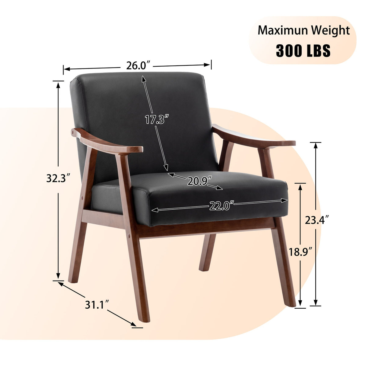 Mid Century Modern Accent Chair With Solid Wood Frame And Extra Thick Backrest