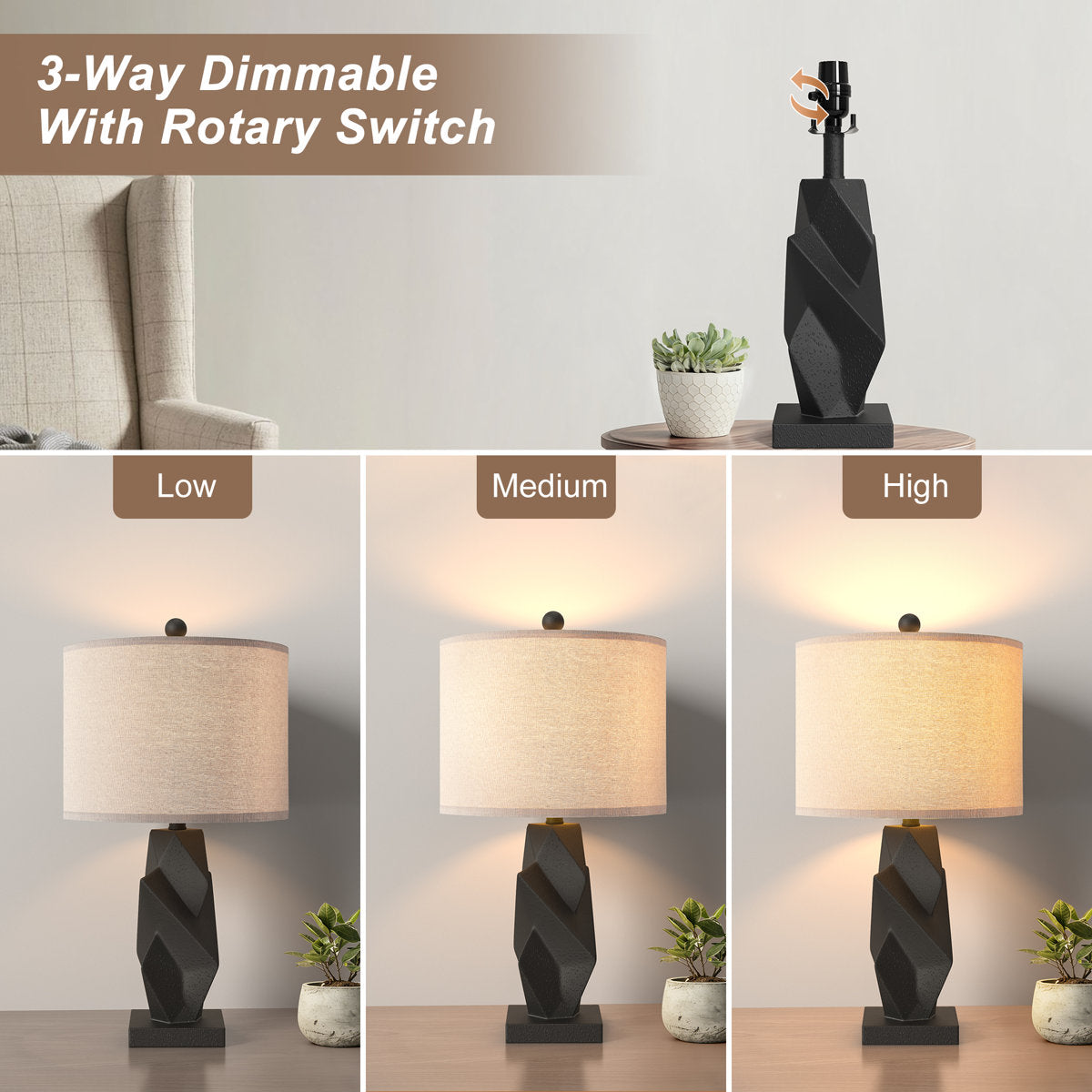 Modern Resin Table Lamp, 24.5-Inch, 3-Way Dimmable with USB and Type-C, Black, Set of 2