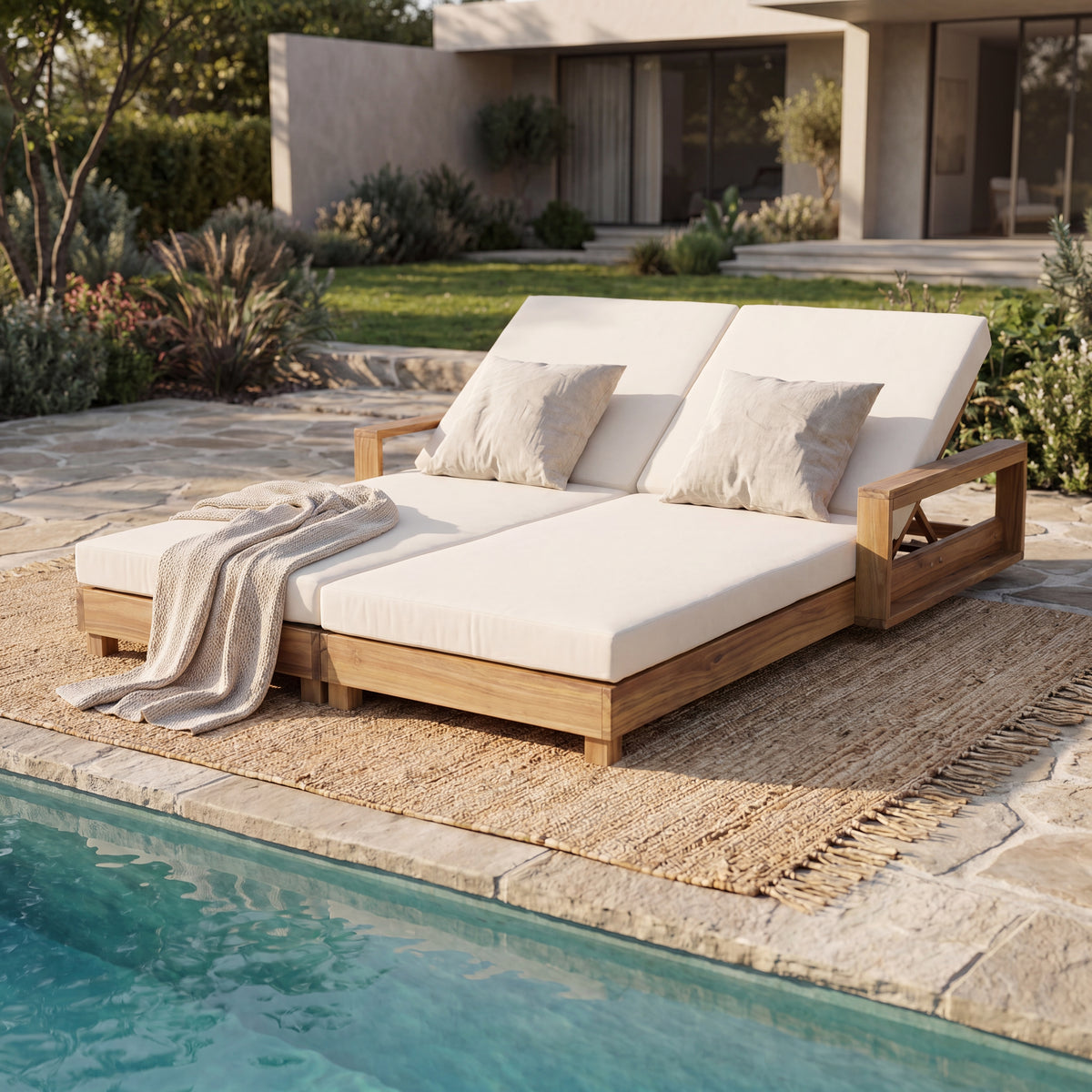 Double Acacia Wood Chaise Lounge Set